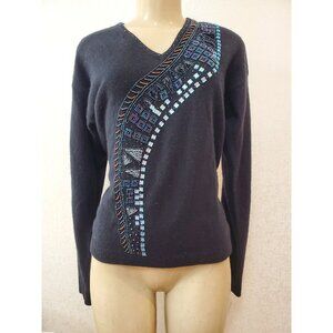 VTG ANNE KLEIN KNITWEAR ANGORA /WOOL MIX embroidery Sweater V Neck SIZE S #462